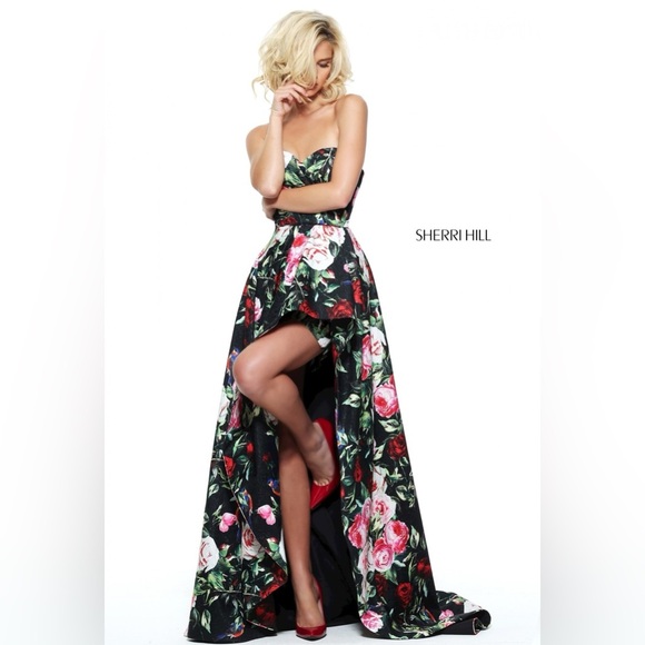 Sherri Hill black floral strapless asymmetrical event gown size 2 - Picture 2 of 9